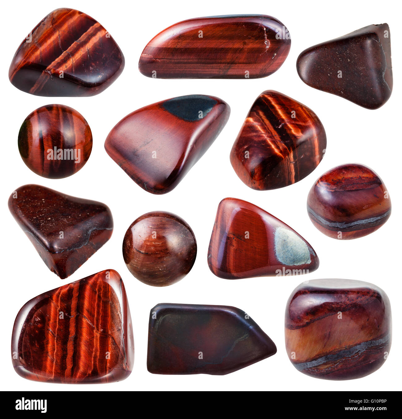 set of various bulls eye (red tigers eye, oxs-eye, bull-eye, ox-eye) natural  mineral stones and gemstones isolated on white back Stock Photo - Alamy