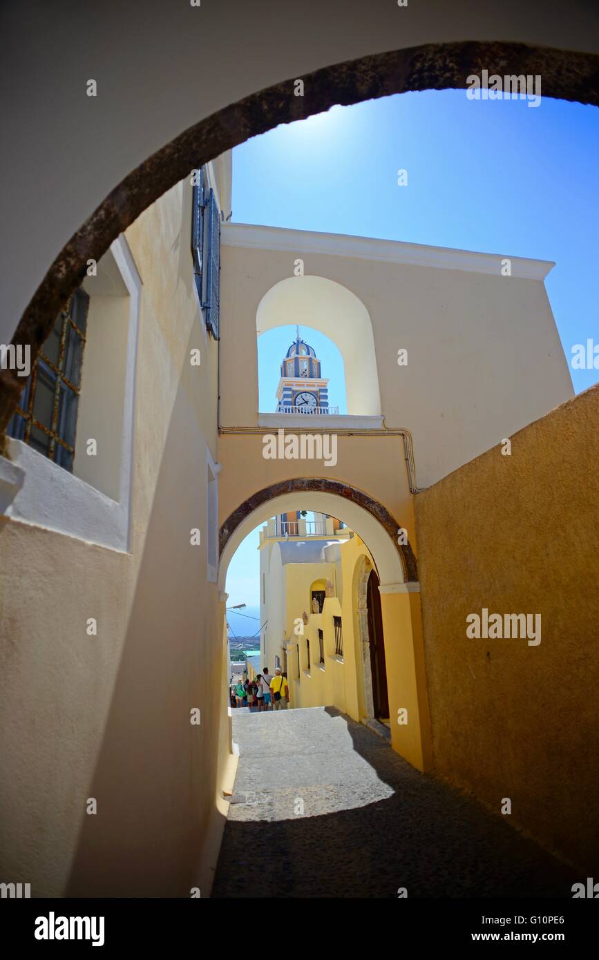 Tower of the Cathedral of Saint John the Baptist in Fira, Santorini ...
