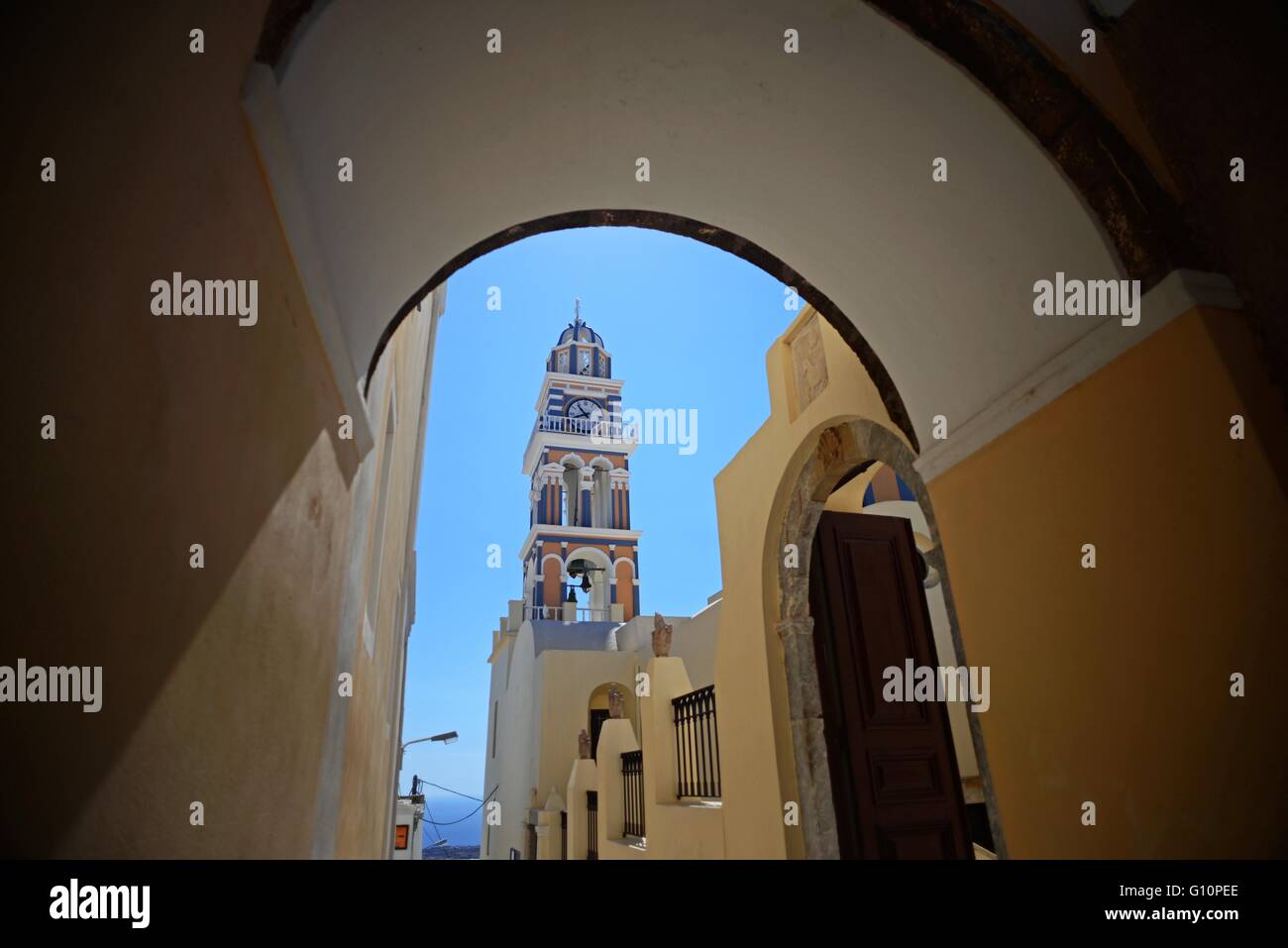 Tower of the Cathedral of Saint John the Baptist in Fira, Santorini ...