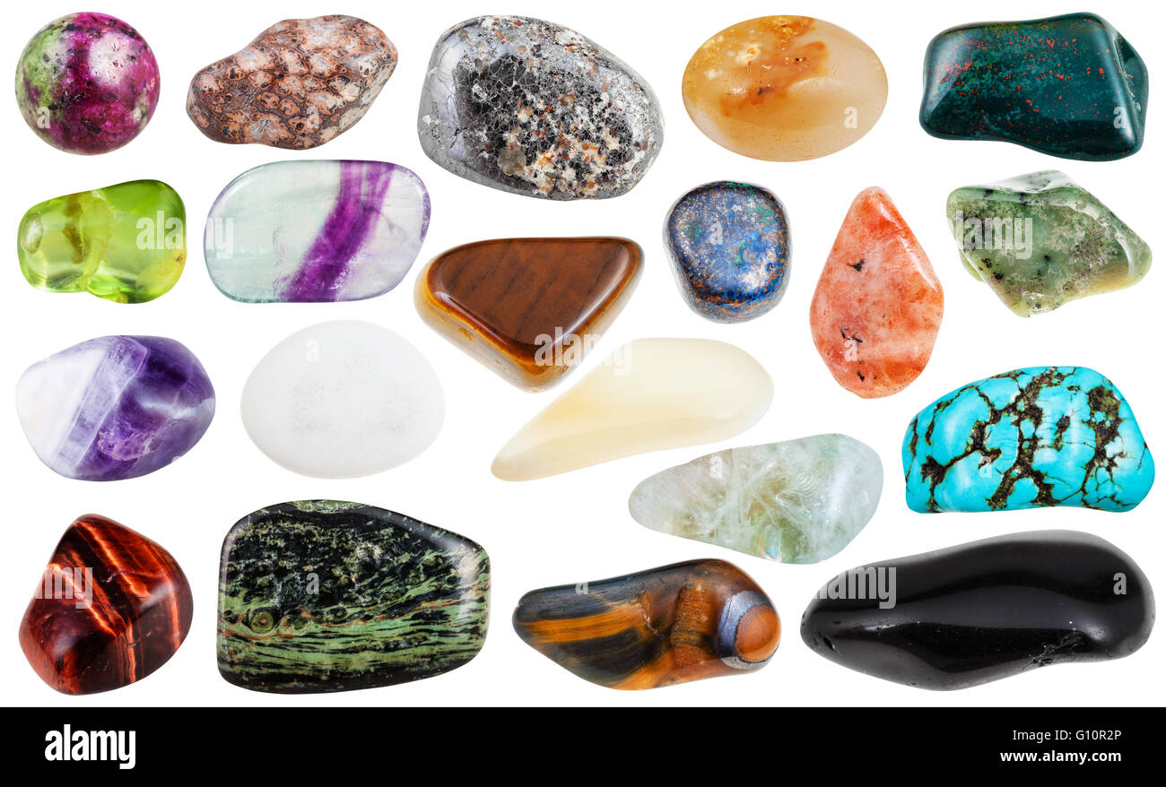 set of various polished natural mineral stones and gemstones Stock