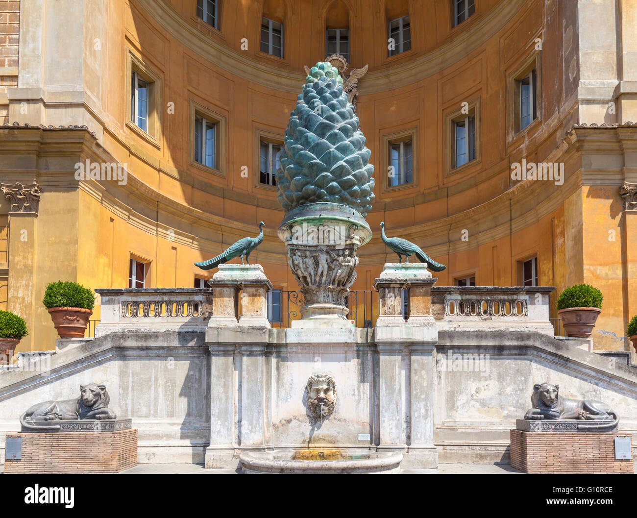 Cone and peacock statues in courtyard of Vatican museum Stock Photo