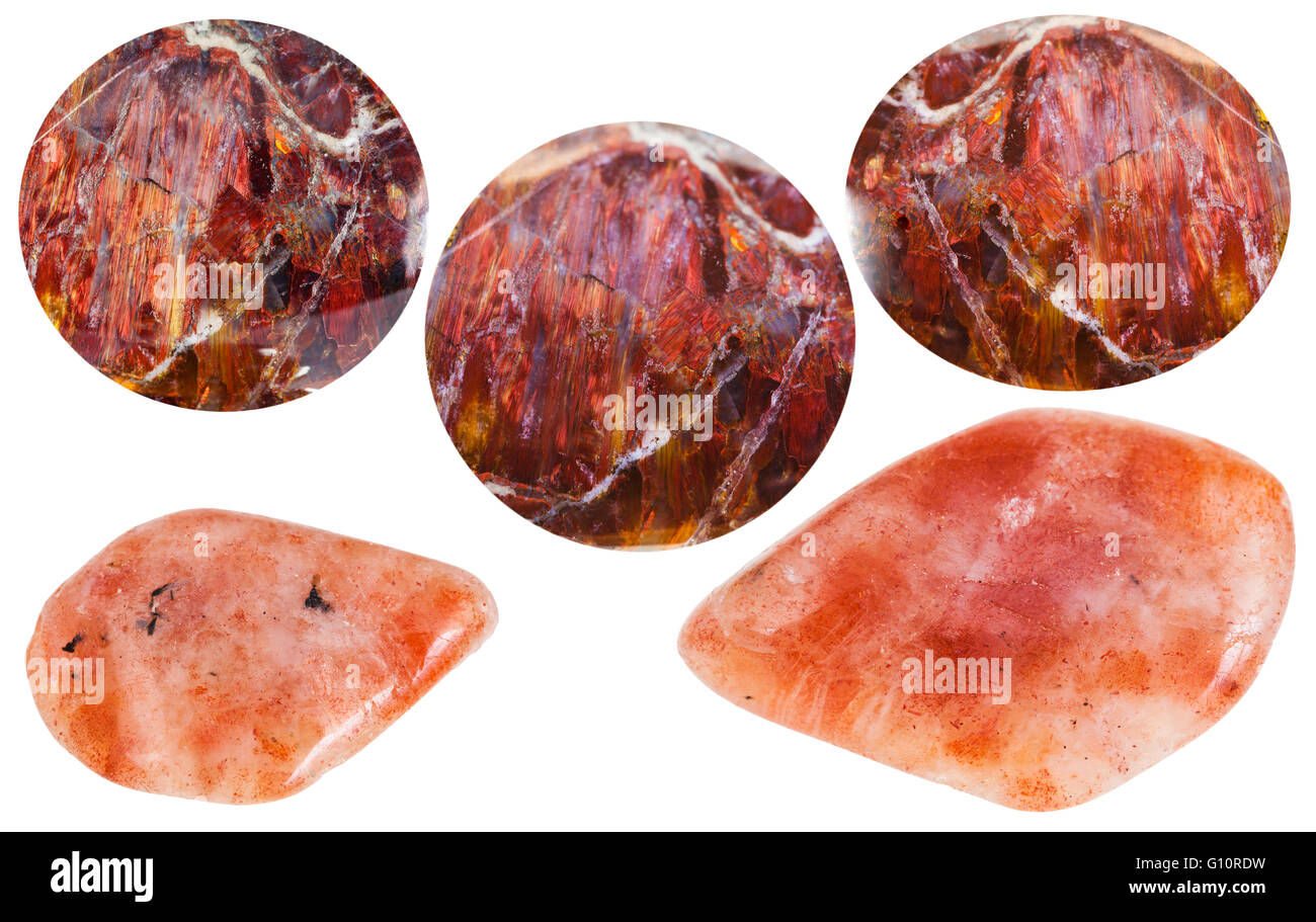 set of various sunstone (heliolite) natural mineral stones and gemstones isolated on white background Stock Photo