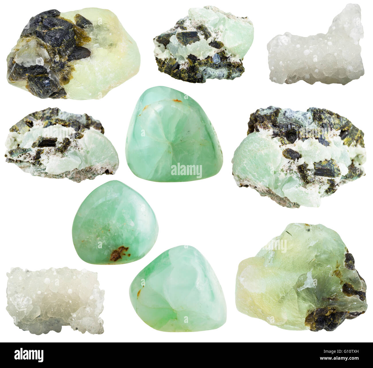 set of various prehnite natural mineral stones and gemstones isolated on white background Stock Photo