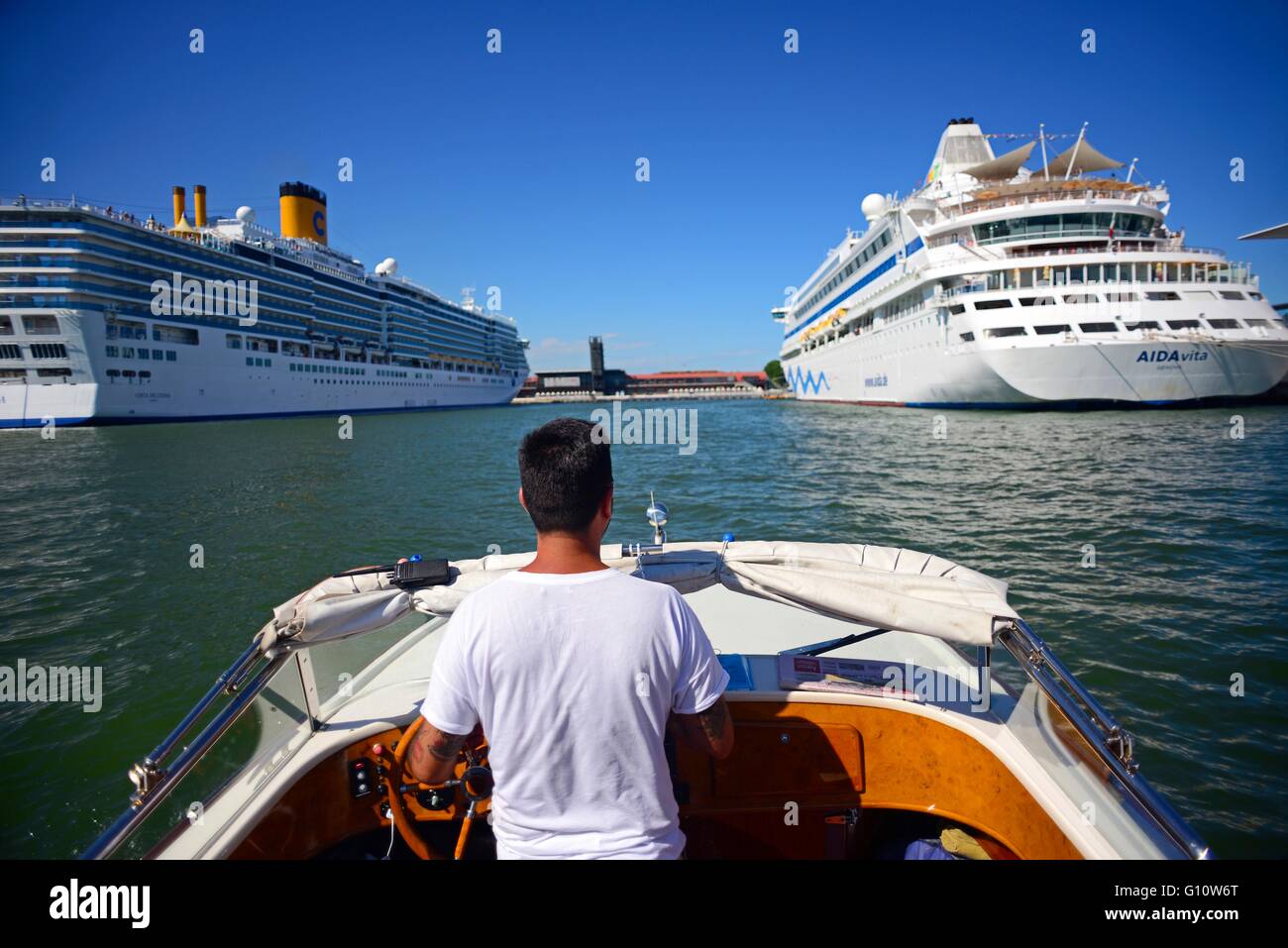 Arriving on taxi boat to the Maritime Station, where cruise ships are moored, Venice, Italy Stock Photo
