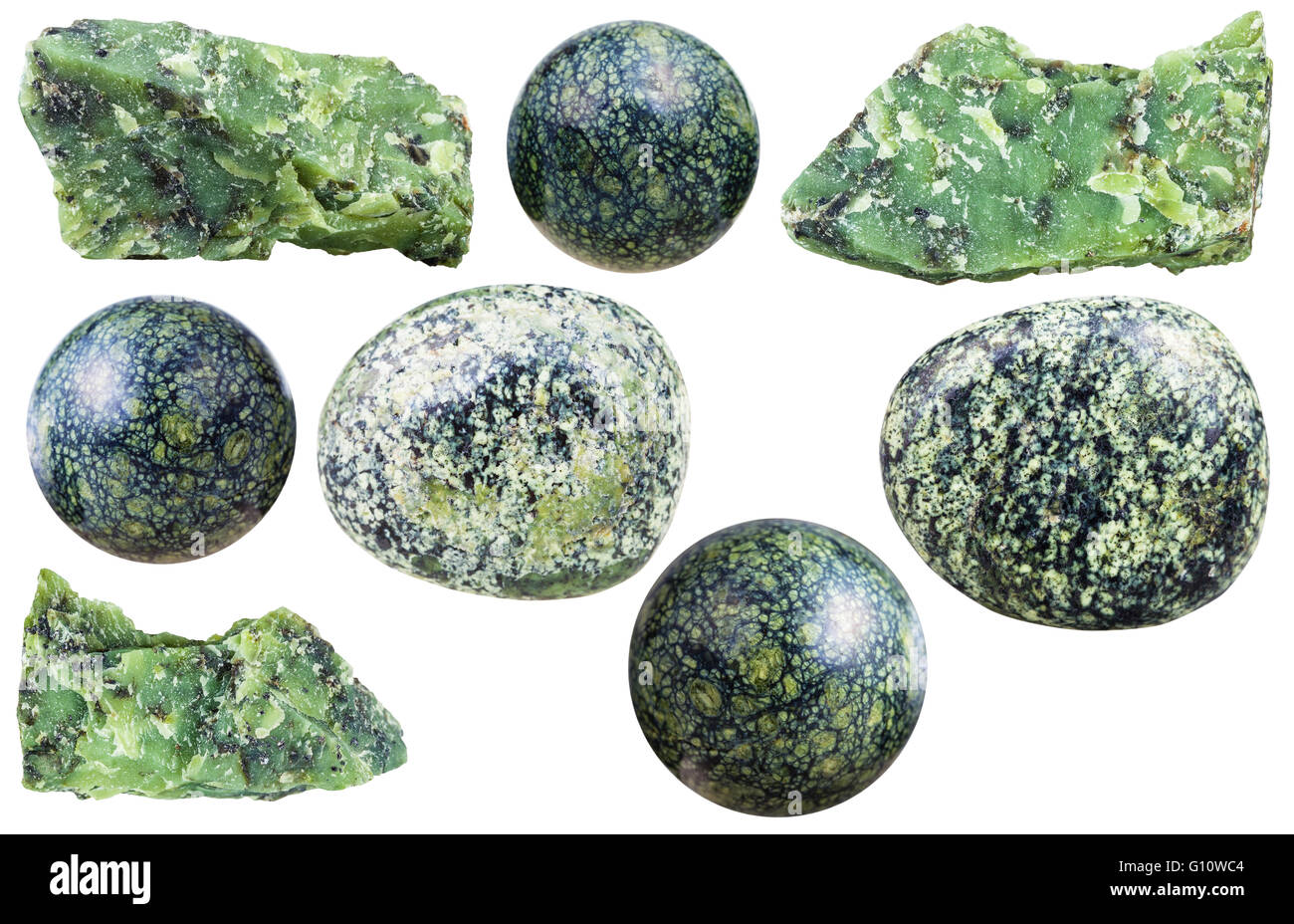 set of various serpentine natural mineral stones and gemstones isolated