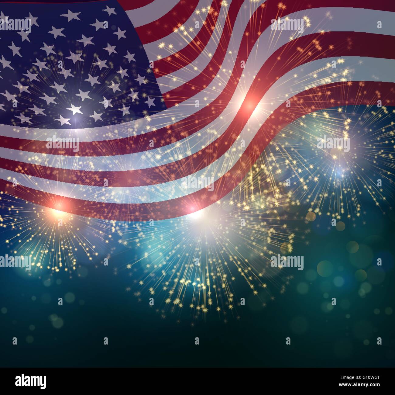 United States flag. Fireworks background for USA Independence Day. Fourth of July celebrate Stock Vector