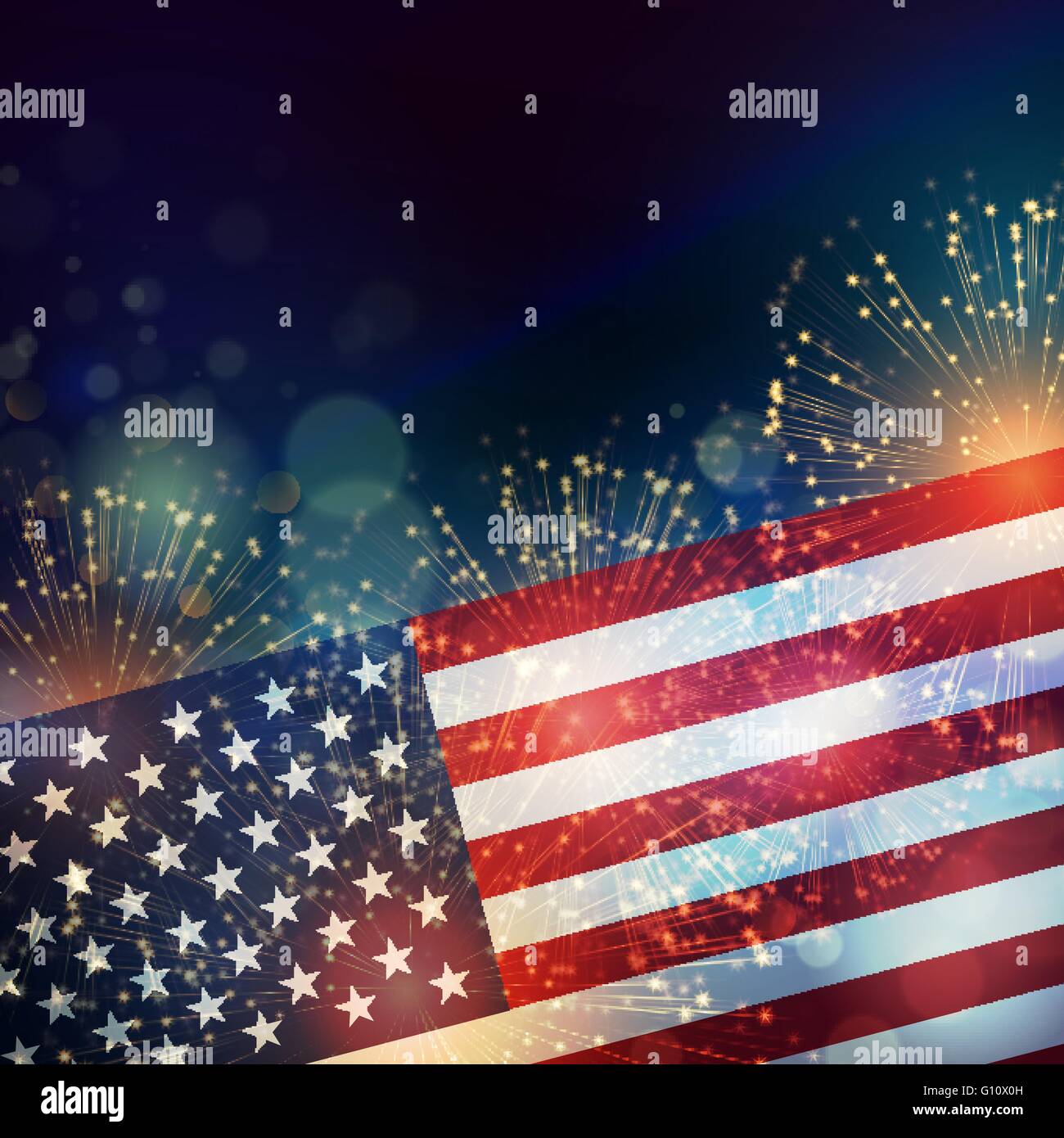 United States flag. Fireworks background for USA Independence Day. Fourth of July celebrate Stock Vector