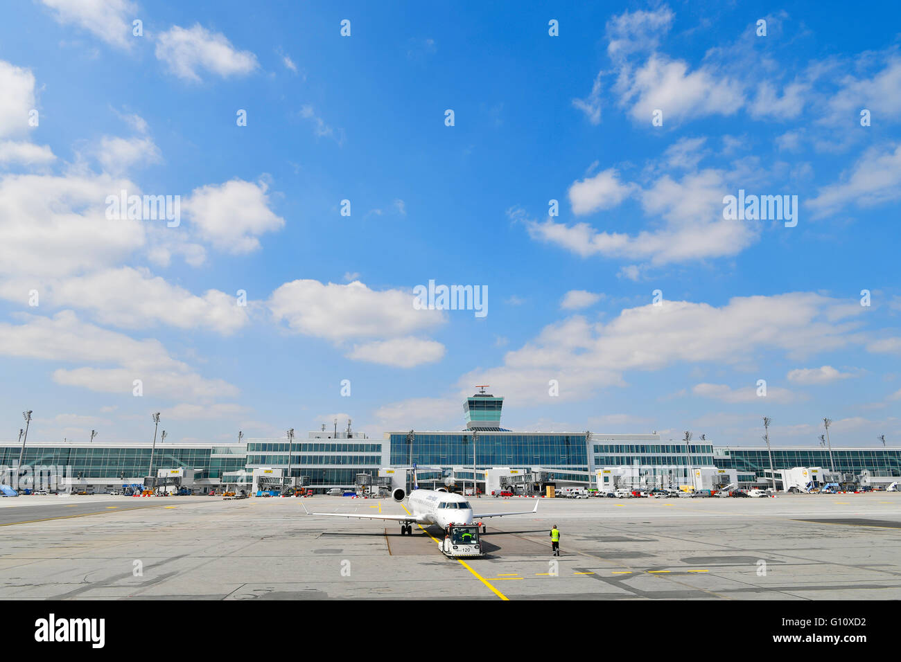 airplane, plane, aircraft, take off, runway, Terminal, Satellite, building, tower, Munich Airport, Lufthansa, LH, Stock Photo