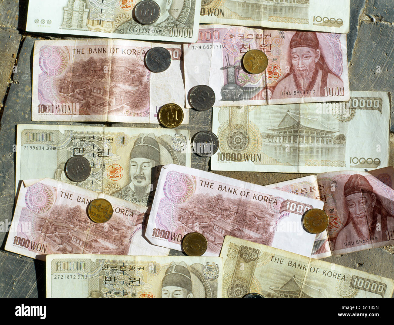 South Korea Money Currency Notes & Coins 10, 100, 1000 and 10000 Won