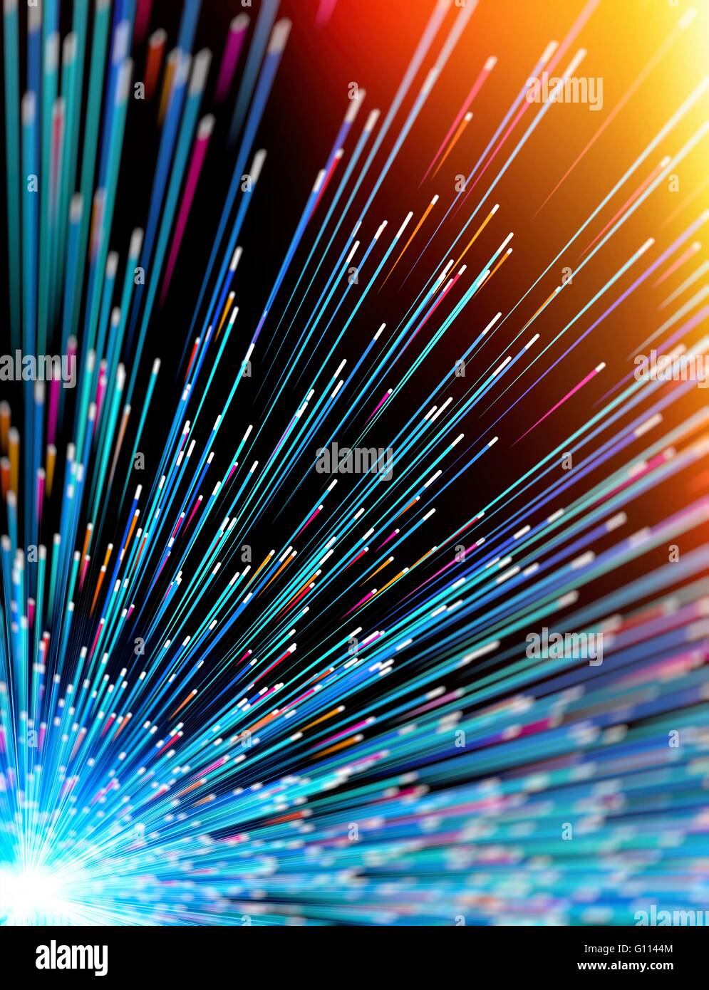 Conceptual computer artwork of rays emitting particles. This could depict travel near the speed of light cosmic rays particle Stock Photo