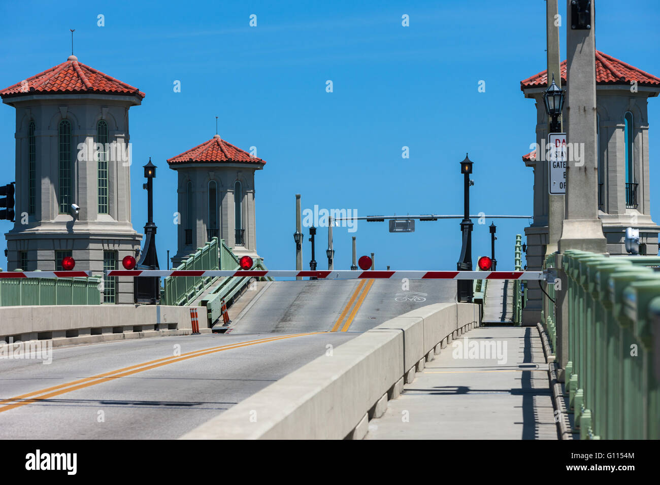The Bridge of Lions drawbridge still partially raised after allowing a boat to pass in St. Augustine, Florida. Stock Photo