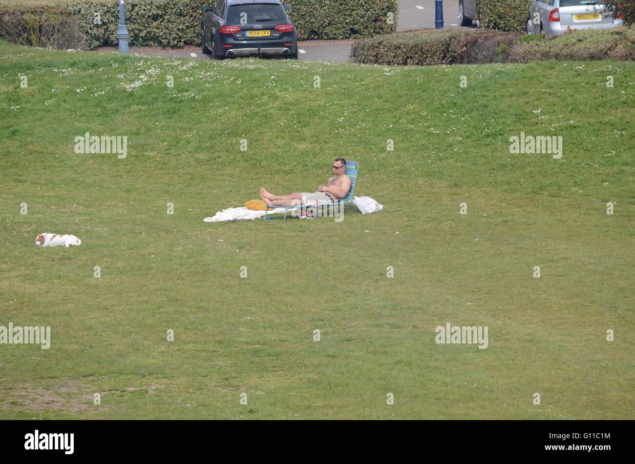 Portsmouth, UK. 7th May 2016. A man sunbathes with his dog on an iconic deckchair. Credit: Marc Ward/Alamy Live News Stock Photo