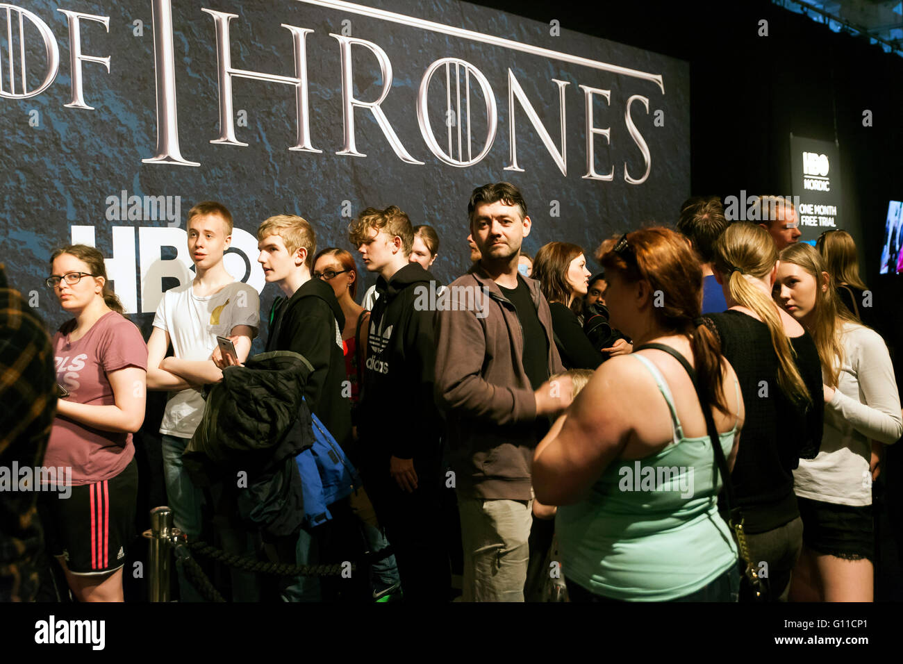 Copenhagen, Denmark, May 7th, 2016. HBO Nordic and their popular series invites Copenhageners to take part in the play at Oeksnehallen. At the photo the end of a very long waiting line and from where visitors can sit on the Iron Throne and have a selfie taken. This is part of an HBO promotional tour. Credit:  OJPHOTOS/Alamy Live News Stock Photo
