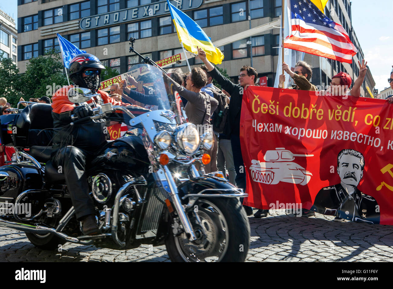 Prague, Czech Republic. 07th May, 2016. The members of the  Russian motorcycle club 'Night Wolves' Nocni vlci passing through Prague Wenceslas Square. Stock Photo