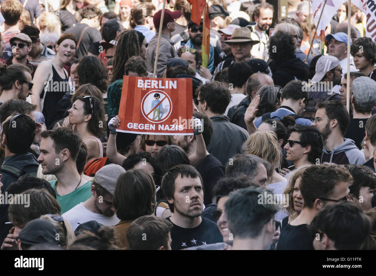 Berlin, Berlin, Germany. 7th May, 2016. Protesters gather at Hackescher Markt during the counter protests against the rally held under the motto 'Merkel muss weg![Merkel must go]' organised by far-right group 'We for Berlin & We for Germany' Credit:  Jan Scheunert/ZUMA Wire/Alamy Live News Stock Photo