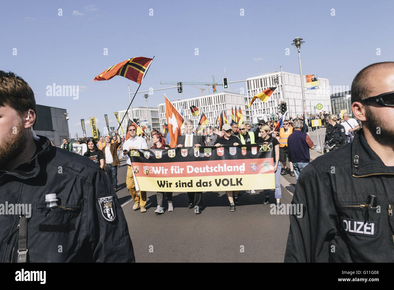 Berlin, Berlin, Germany. 7th May, 2016. 'We for Germany. We are the People' Protesters holding a banner during the rally held under the motto 'Merkel muss weg![Merkel must go]' organised by far-right group 'We for Berlin & We for Germany' Credit:  Jan Scheunert/ZUMA Wire/Alamy Live News Stock Photo