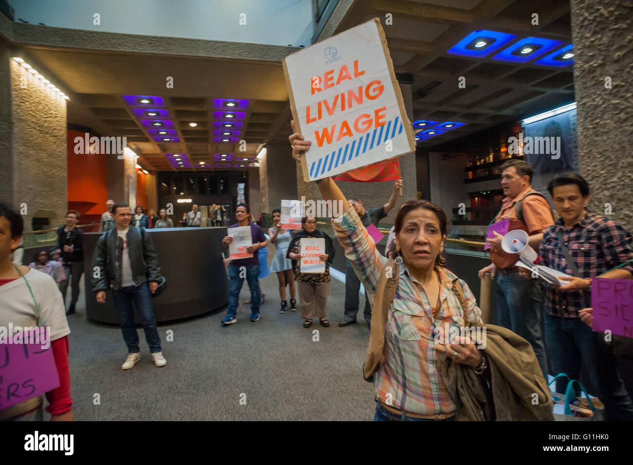 London, UK. 7th May, 2016. Cleaners union UVW protest inside the