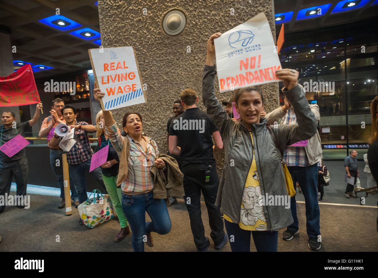 London, UK. 7th May, 2016. Cleaners union UVW protest inside the