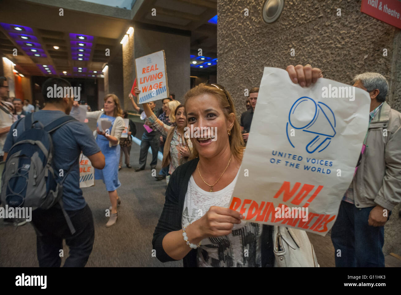 London, UK. 7th May, 2016. Cleaners union UVW protest inside the