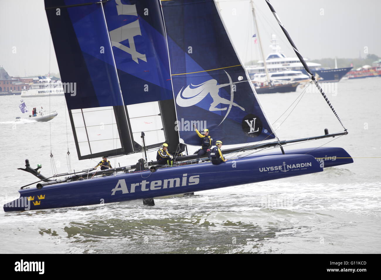 New York City, United States. 07th May, 2016. Artemis racing team waves ...