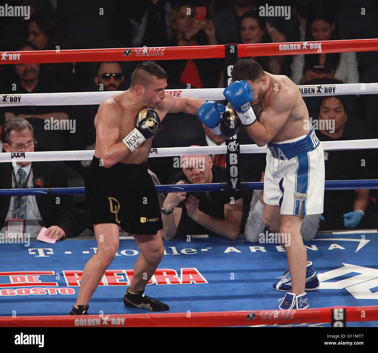 Las Vegas, Nevada, USA. 8th May, 2016. Middleweight boxers David Lemieux and Glen Tapia engage each other during their NABO Middleweight Championship fight on May 7, 2016, at T-Moblie Arena in Las Vegas, Nevada. Credit:  Marcel Thomas/ZUMA Wire/Alamy Live News Stock Photo