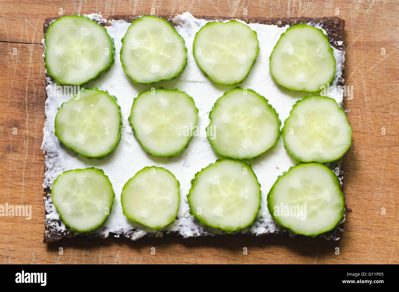 open sandwich with cucumber top view Stock Photo