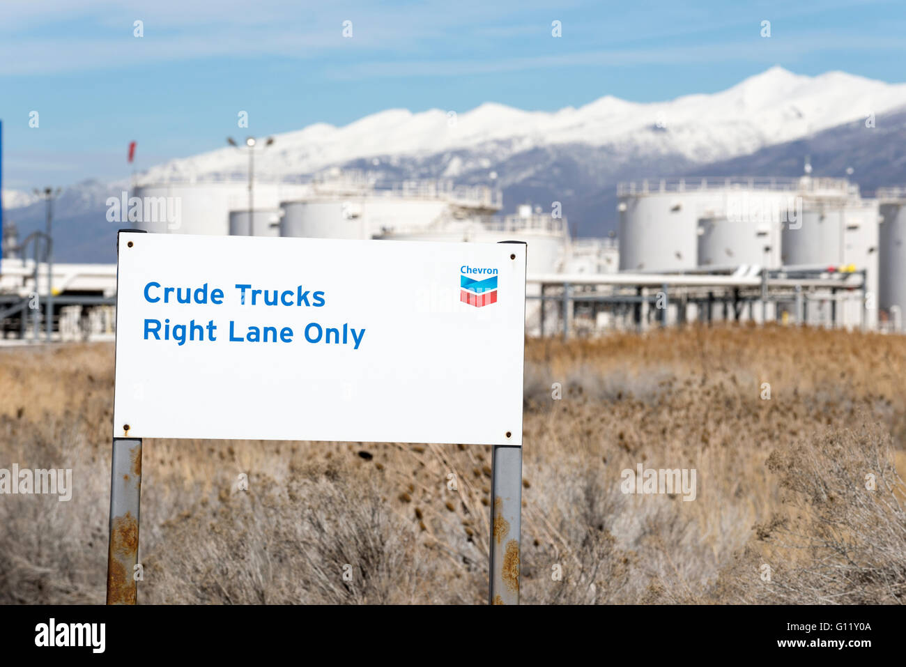 Sign at the entrance of a Chevron oil refinery in Utah's Salt Lake