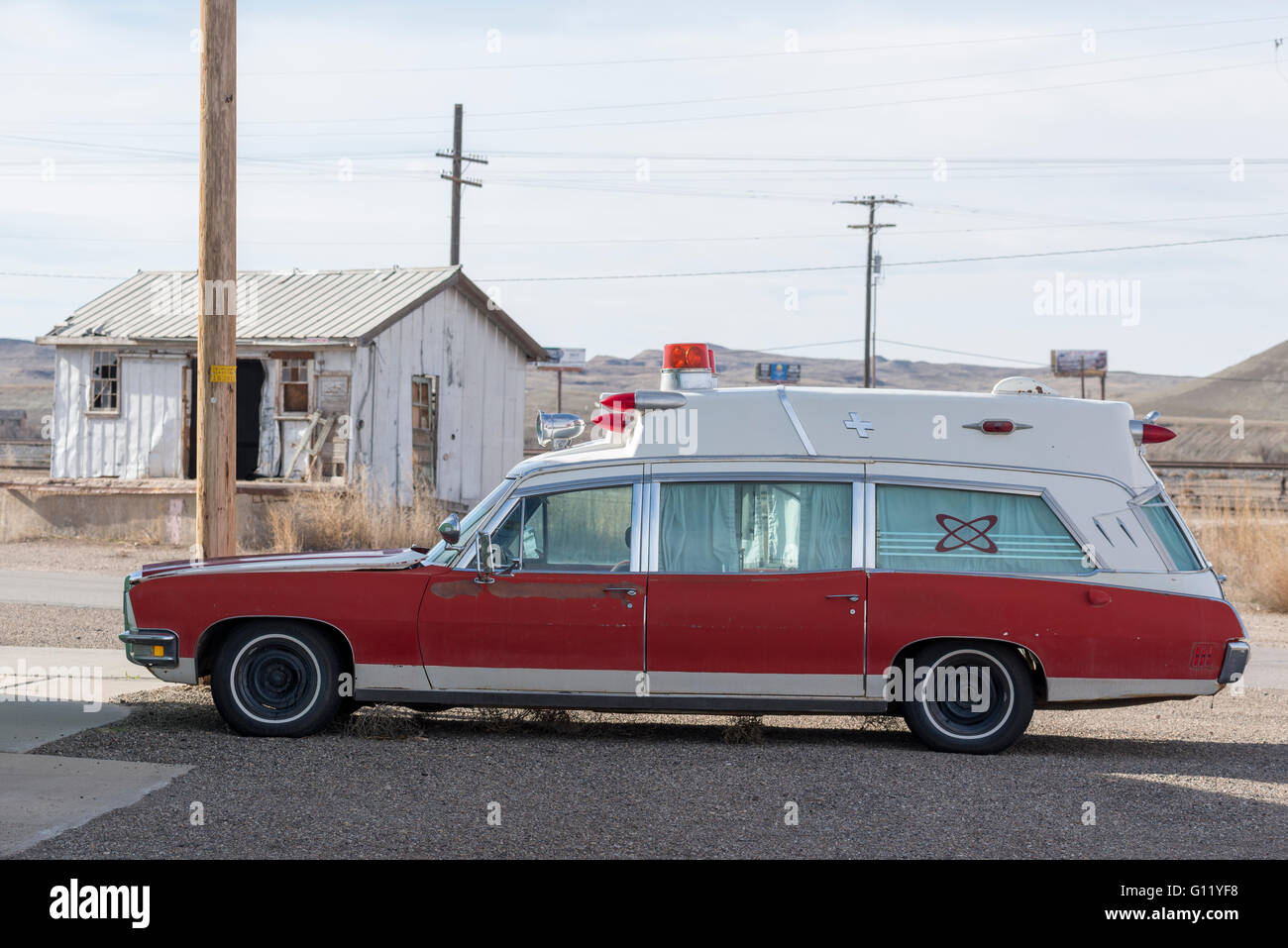 Vintage Pontiac Bonneville ambulance at the Green River, Utah,  Fire Department. Stock Photo