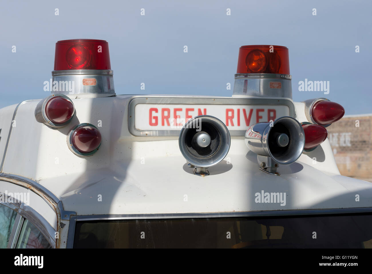 Strobe lights and siren on a vintage Pontiac Bonneville ambulance at the Green River, Utah,  Fire Department. Stock Photo