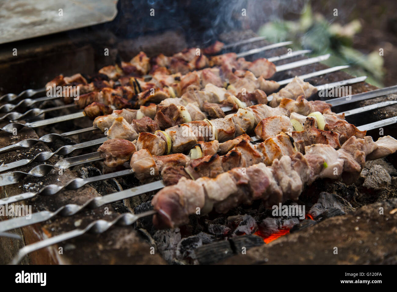 The shish kebabs prepared on a brazier Stock Photo