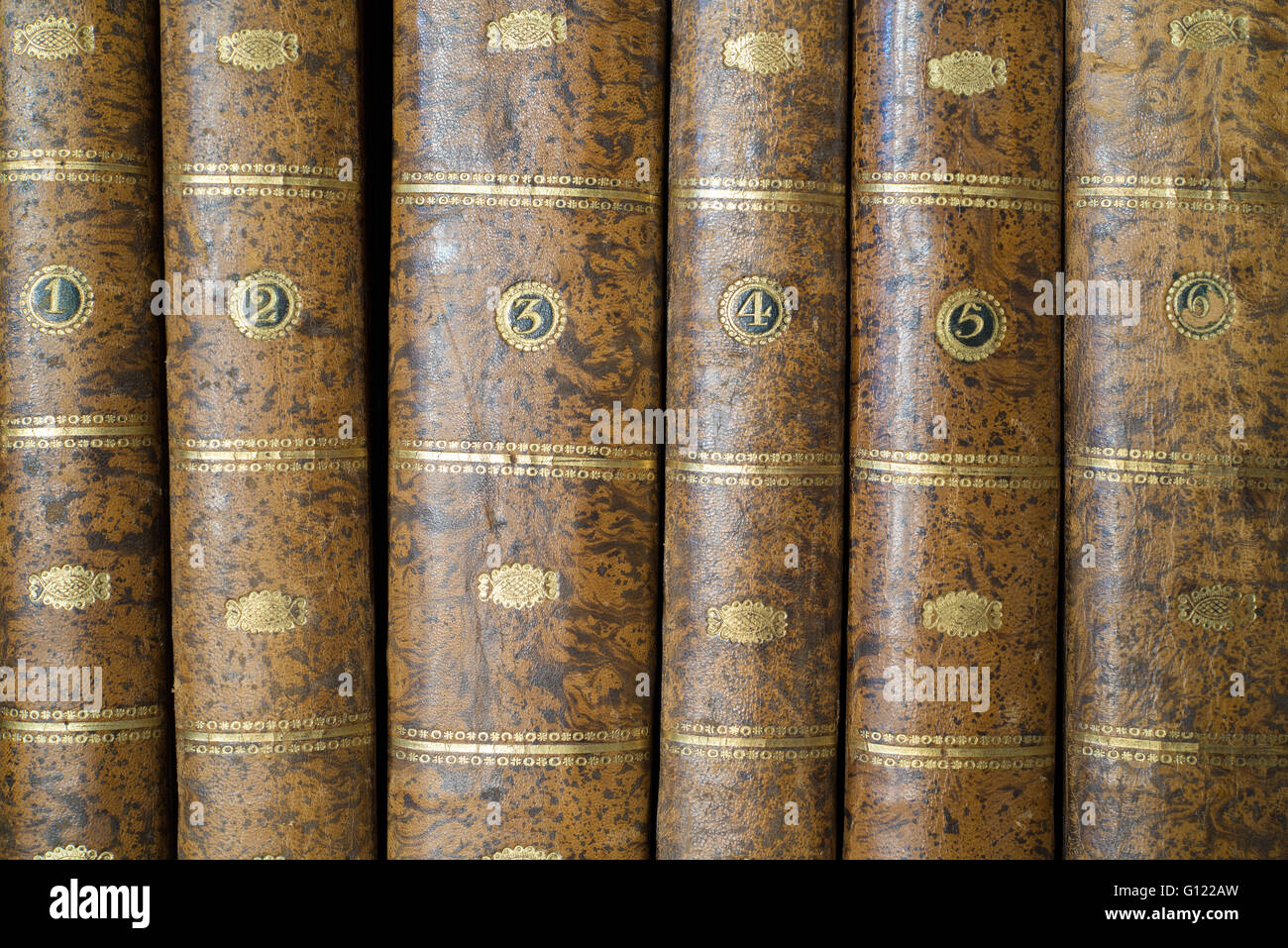 six spines of old books Stock Photo