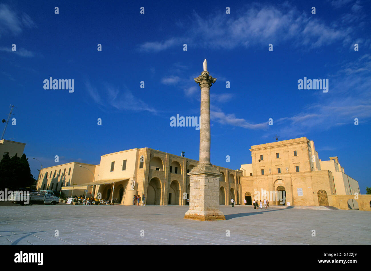 Church of Santa Maria De Finibus Terrae and corinthian column in the square, Santa Maria di Leuca, Puglia, Italy Stock Photo