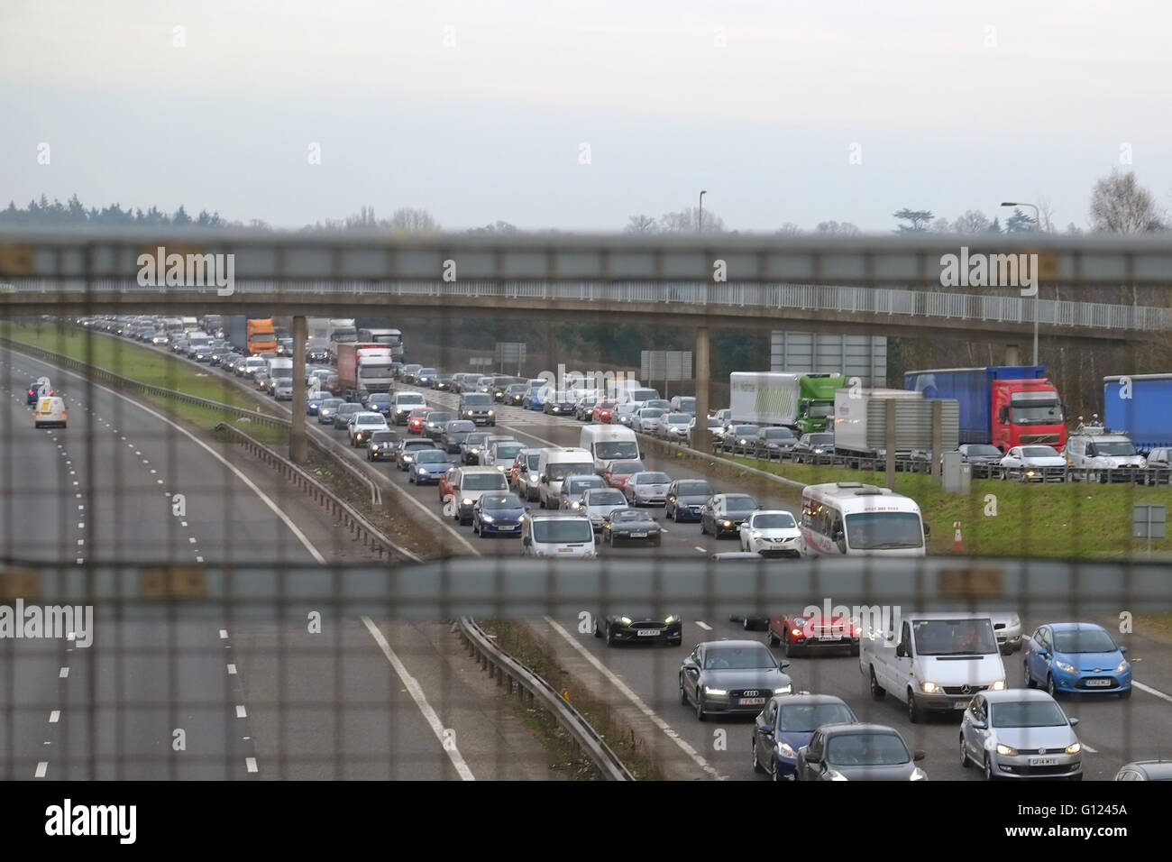 Traffic jam due to an accident on the northbound M40 motorway in Warwickshire, England. Stock Photo
