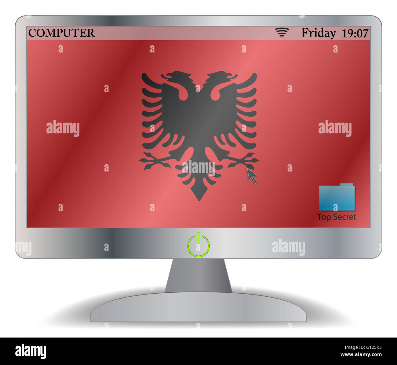 An Albania computer screen with an on button isolated on a white ...