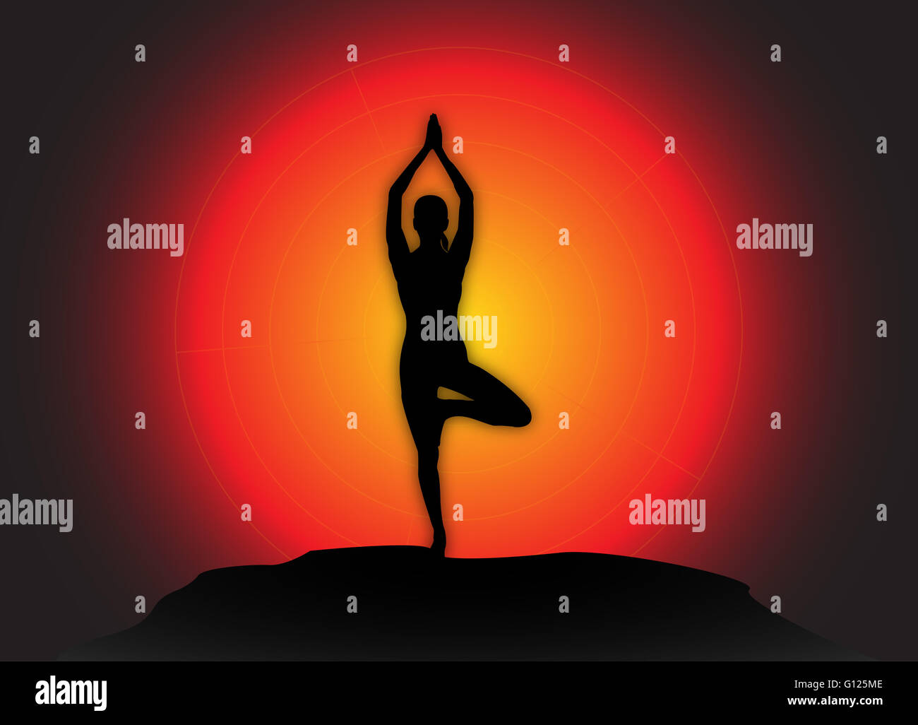 A yoga woman silhouette performing tree pose on a dark colourful ...