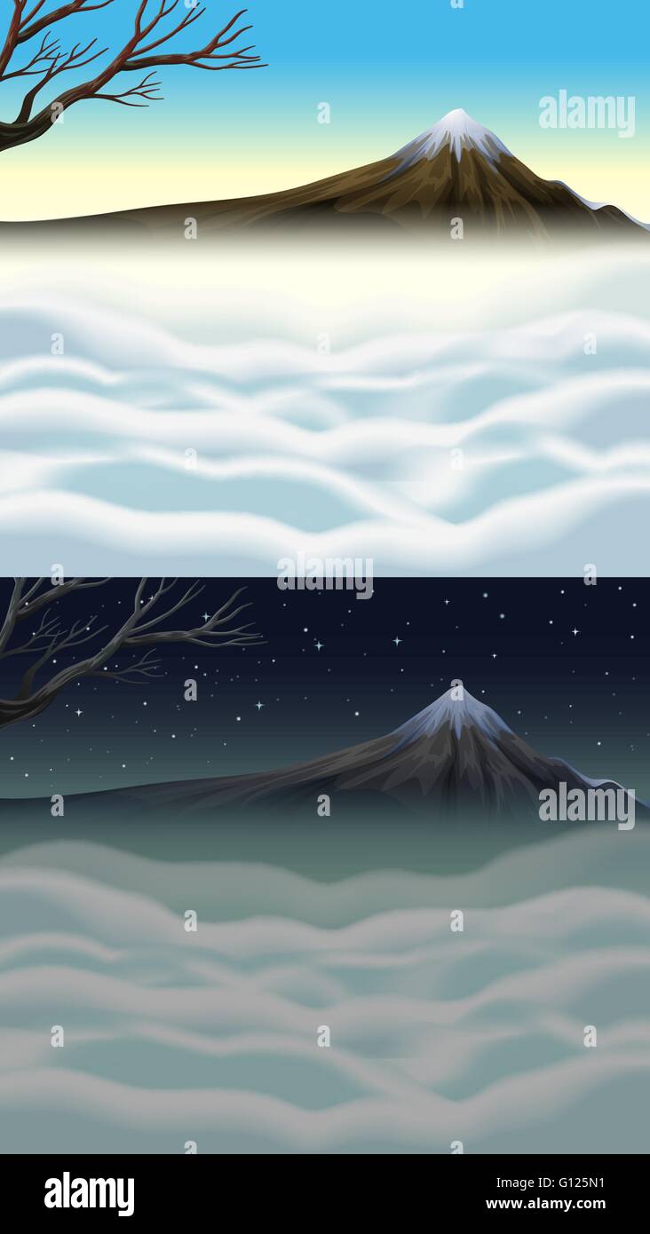 Nature scene with mountain and fog illustration Stock Vector