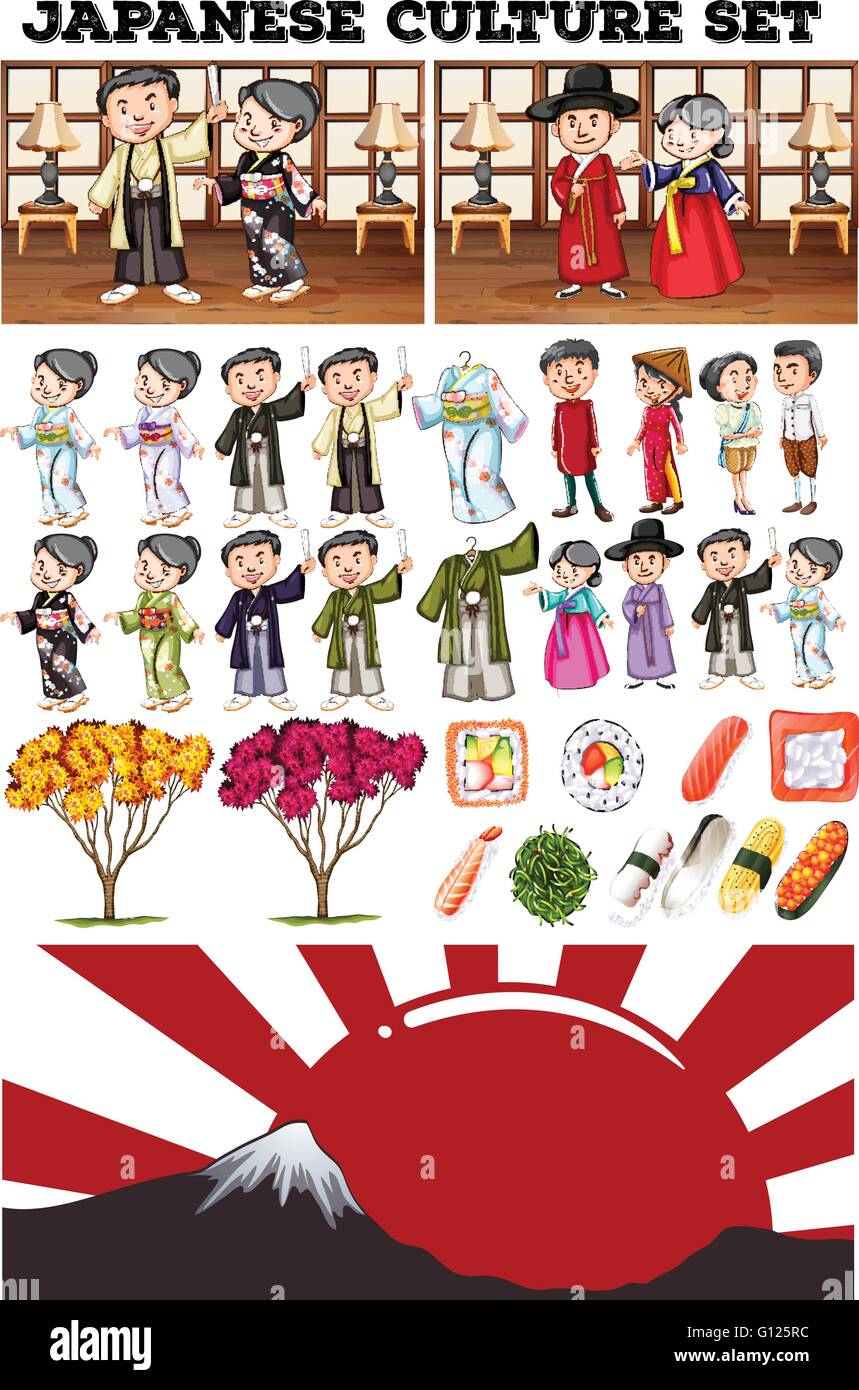 Asian culture with people in costume illustration Stock Vector