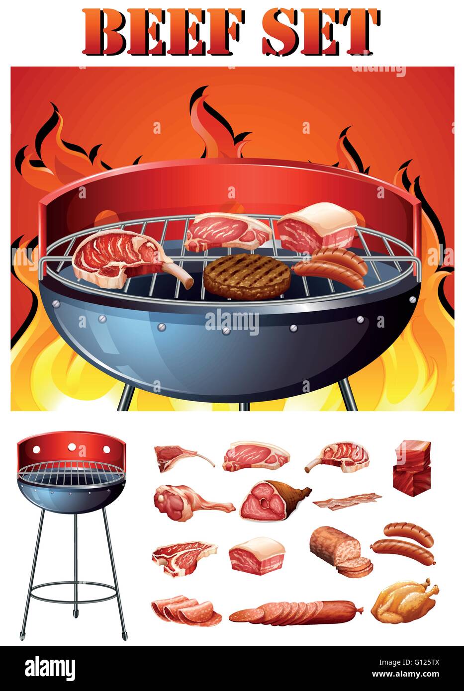 Different kind of meat on the grill illustration Stock Vector Image