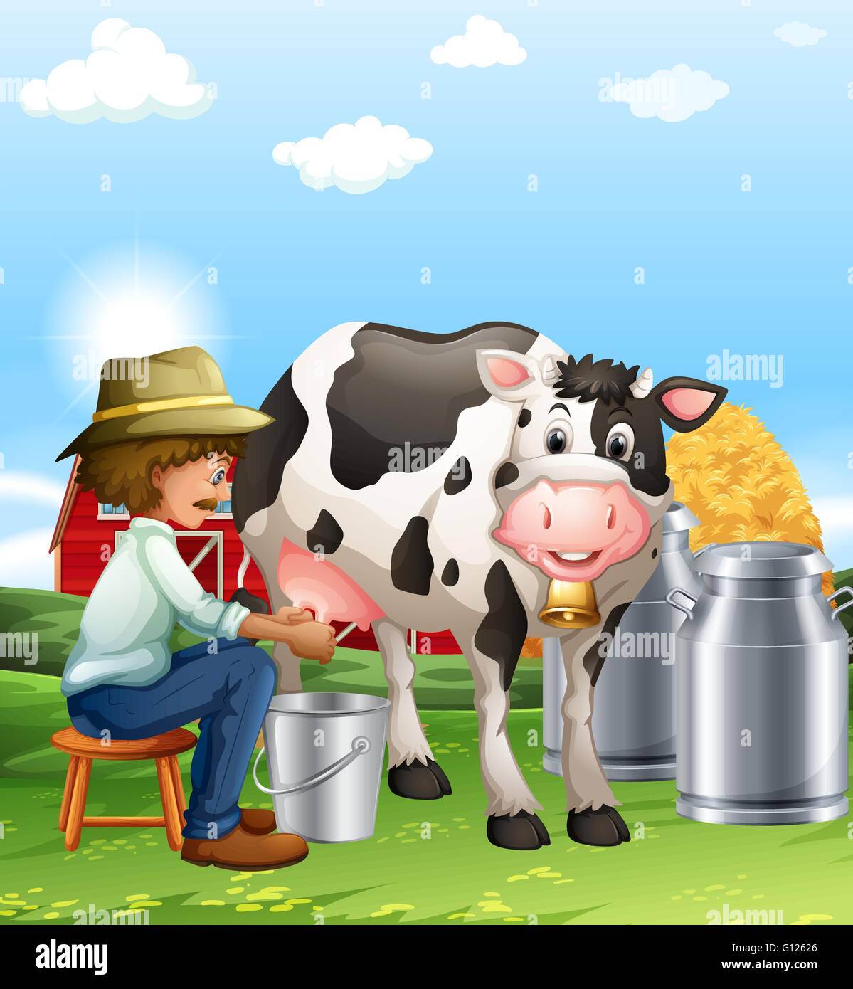 Farmer milking a cow at daytime illustration Stock Vector