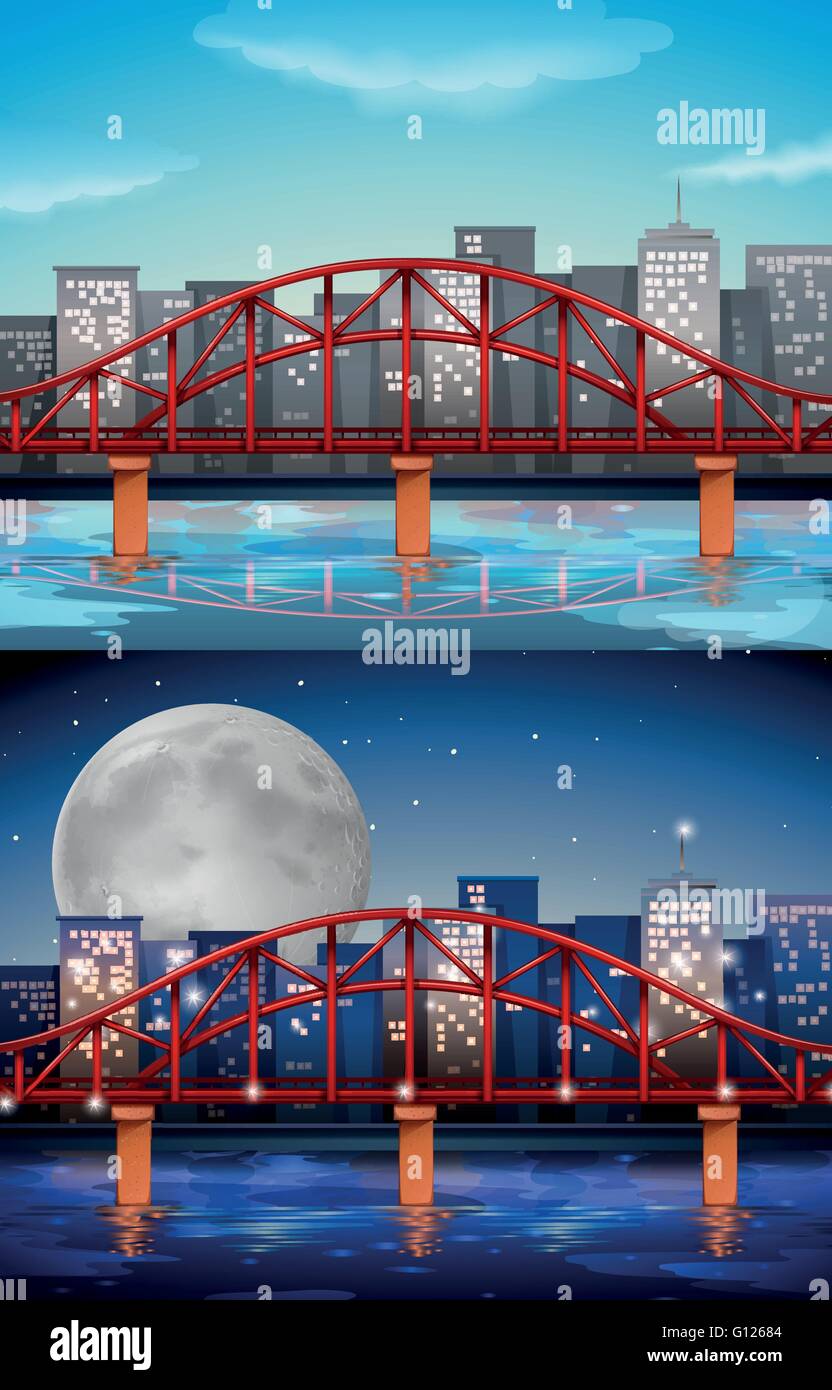 City view with bridge at day and night illustration Stock Vector Image ...