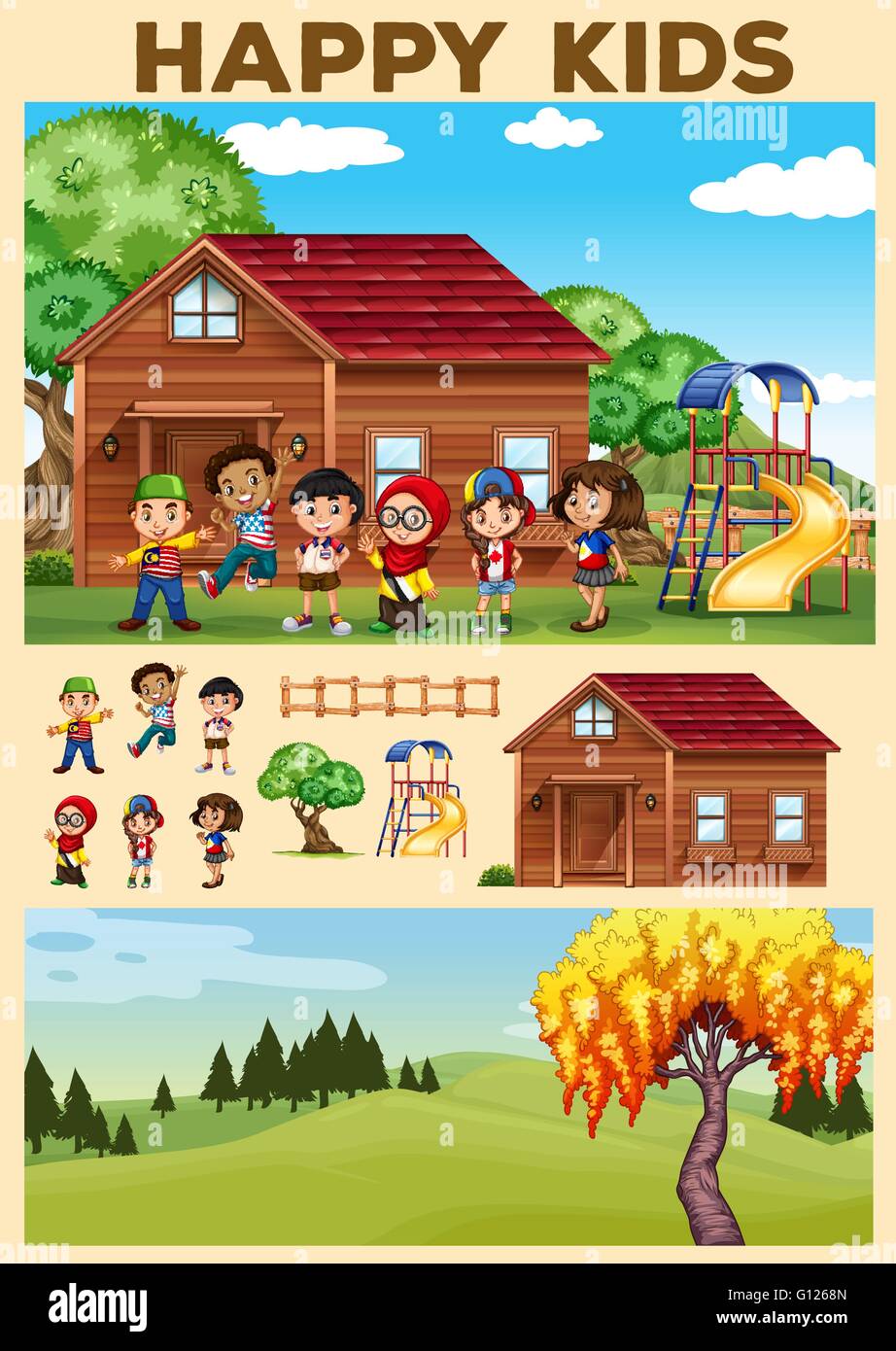 Children playing in the playground illustration Stock Vector