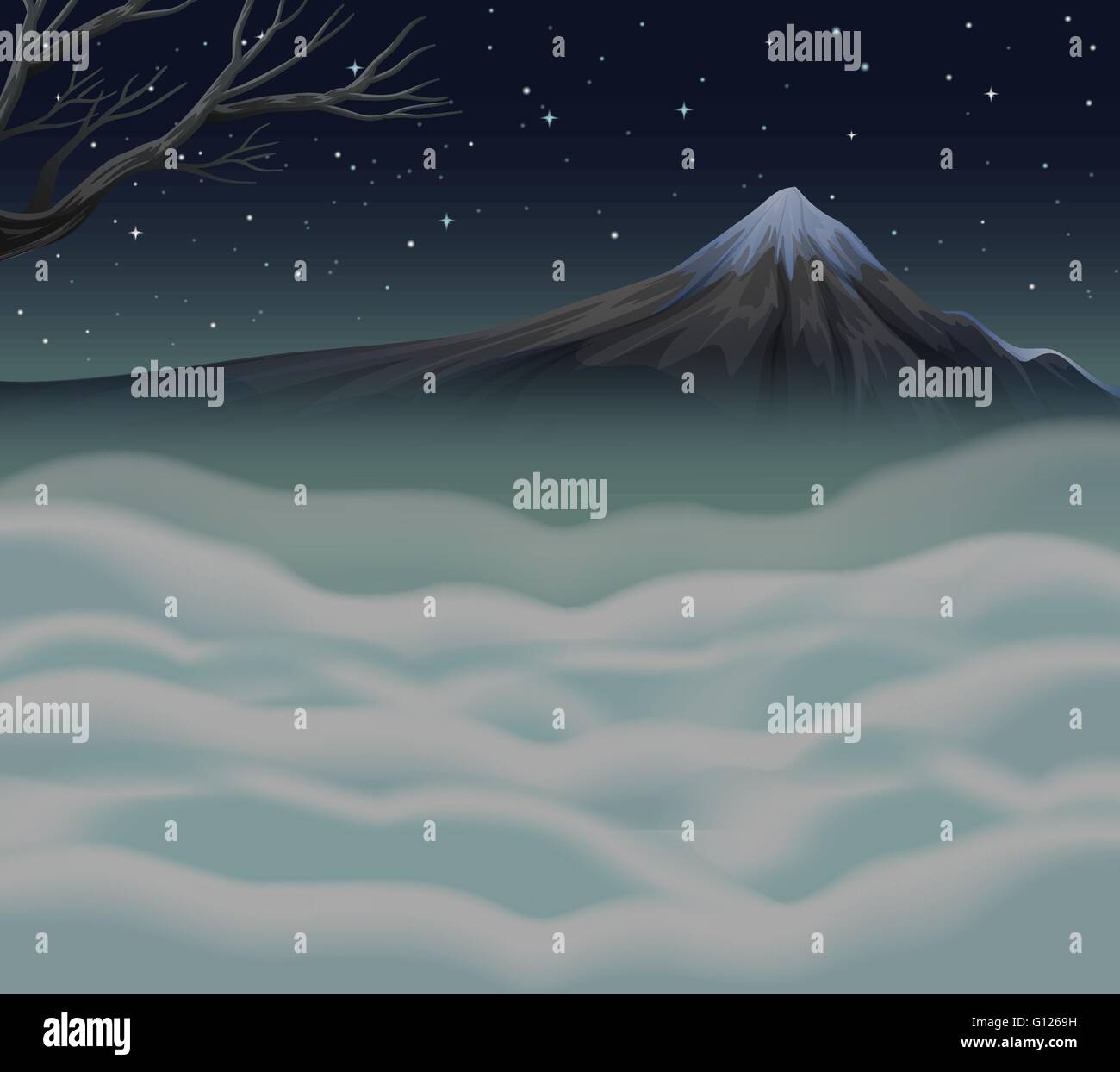 Nature scene with fog on the mountain peak illustration Stock Vector ...