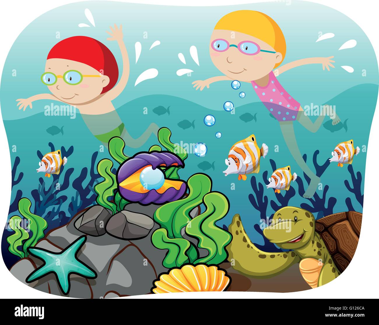 Boy and girl swimming in the ocean illustration Stock Vector Image