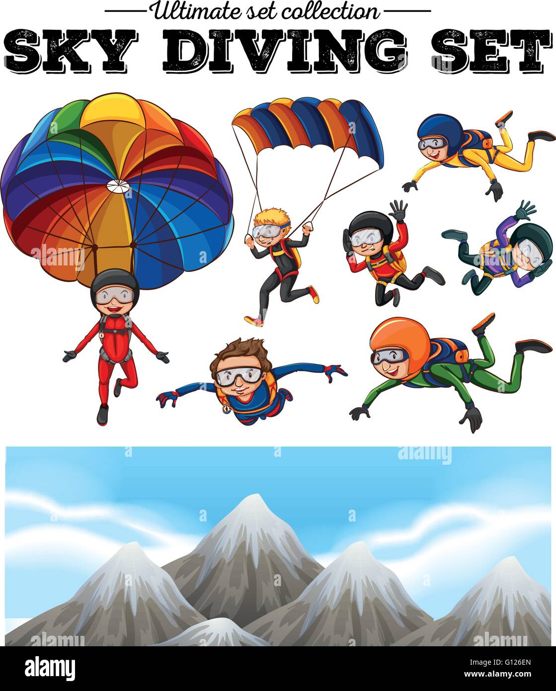 People doing sky diving and mountain scene illustration Stock Vector