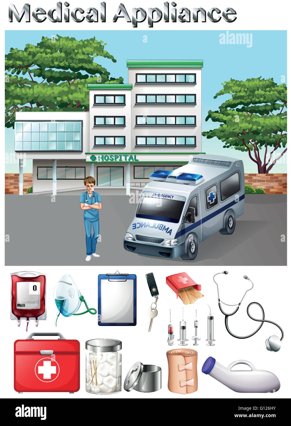 Medical appliance and hospital scene illustration Stock Vector