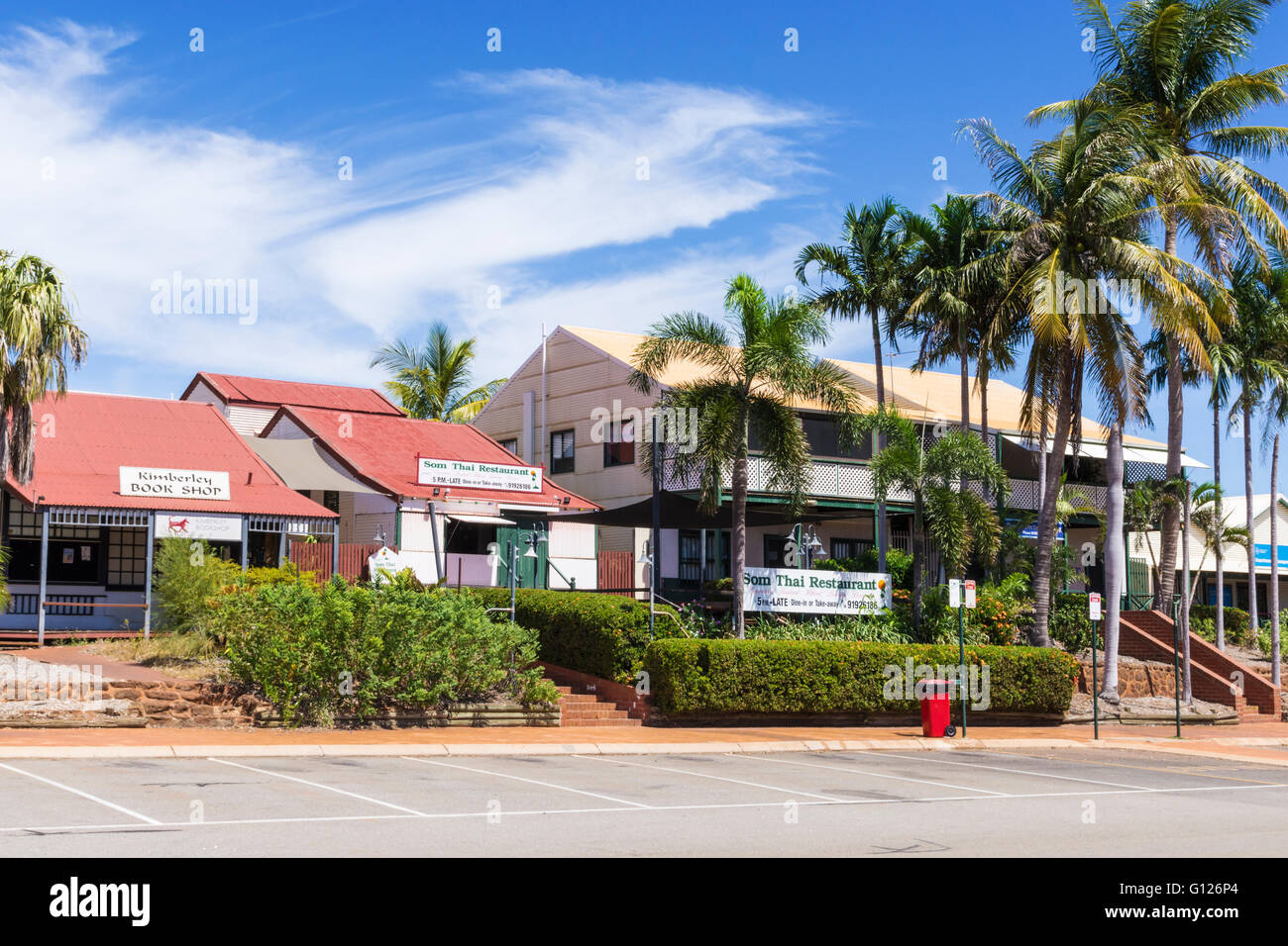 Kimberley Bookshop and Som Thai Restaurant along Napier Terrace, Broome, Kimberley, Western Australia Stock Photo
