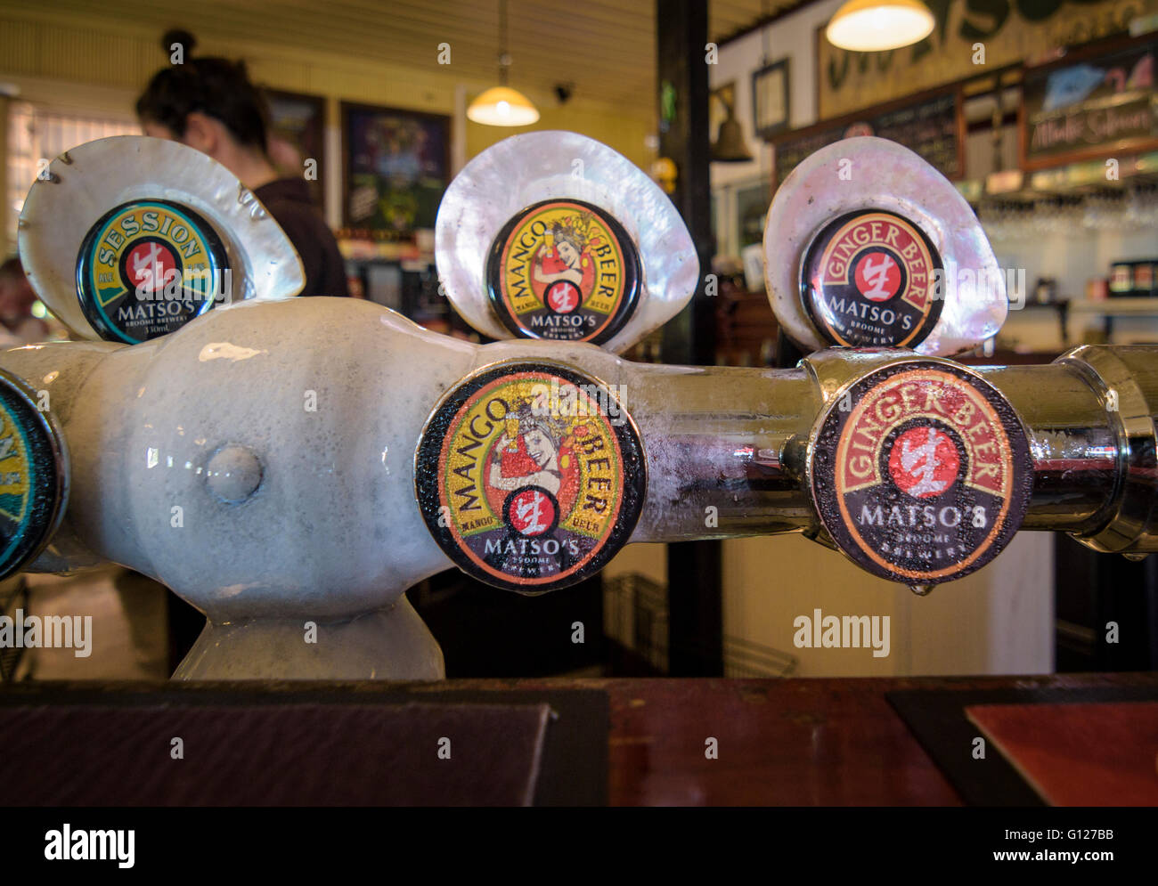 Detail of Matso's specialty beers taps at Matso's Broome Brewery, Broome, Kimberley, Western Australia Stock Photo