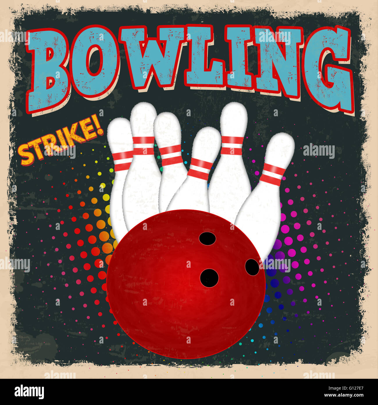 Bowling retro poster design template on dark background, vector illustration Stock Photo