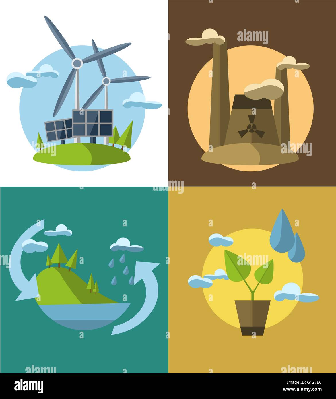 Set vector flat design concept illustrations with icons of ecology, environment, green energy and pollution Stock Vector