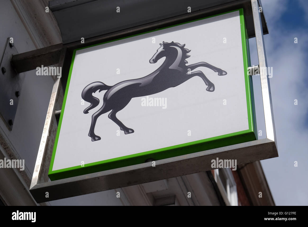 'the Black Horse' Lloyds Bank exterior logo, High Street, Grantham, Lincolnshire Stock Photo